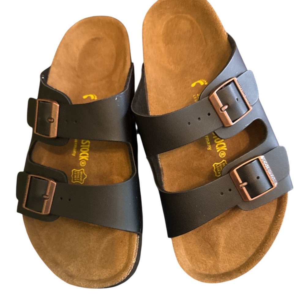 New Birkenstock Arizona Black Leather Sandals Copper Buckles Soft Footbeds
